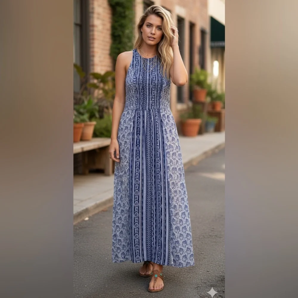 House of Harlow 1960 Smocked Maxi Dress Blue Print Size XS Resortwear Boho Beach - Picture 10 of 10